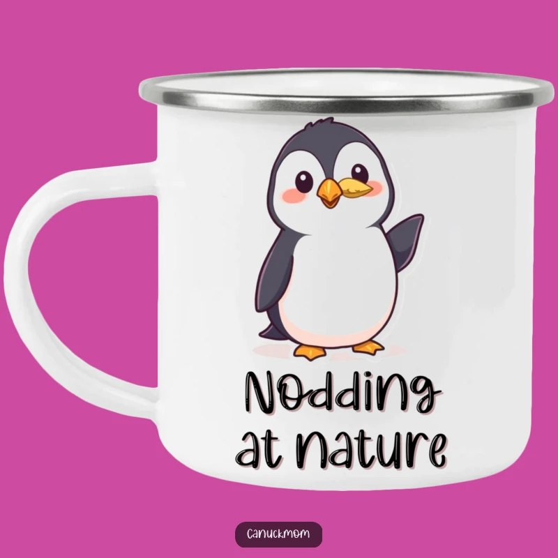 Funny Polite Puffin Camping Mug - Feathered Nod Camp Cup, a Hilarious Outdoor Bird Gift