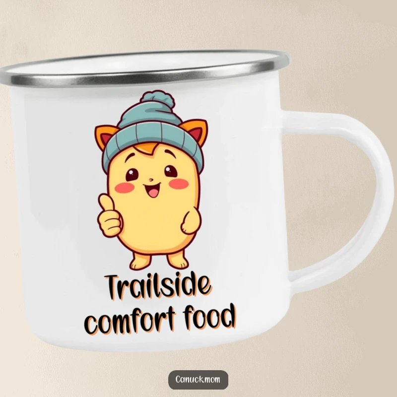 Durable camping mug with a funny poutine character in a beanie, giving a thumbs up, for outdoor enjoyment.