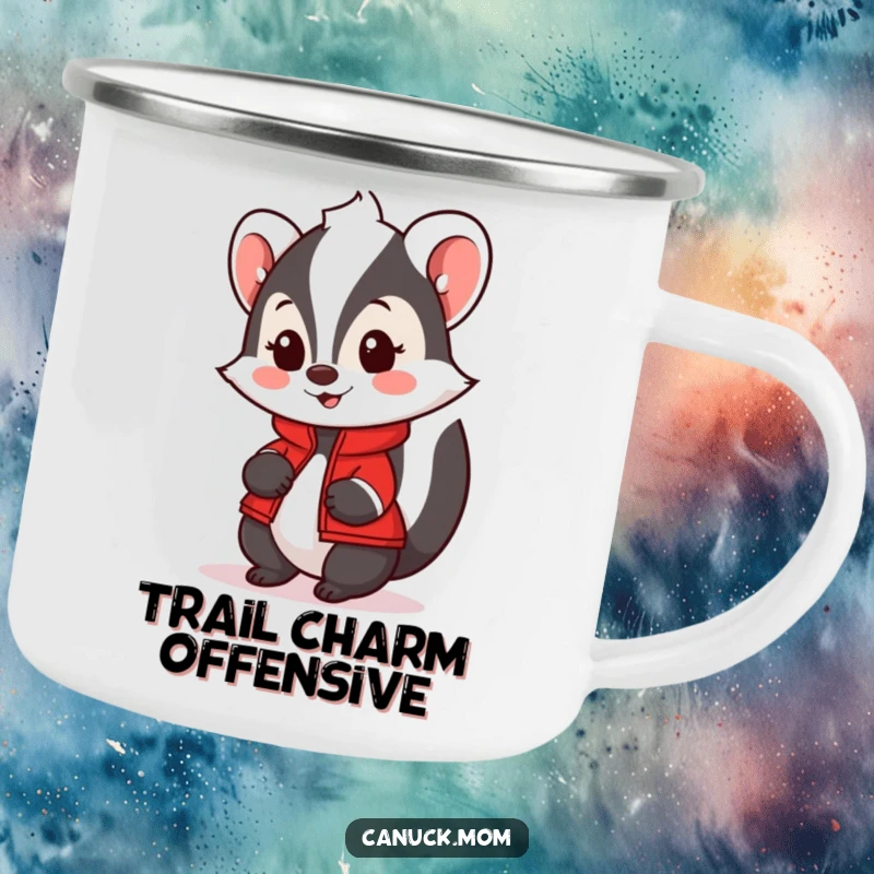 Funny Skunk Camping Mug with a red jacket, looking friendly and ready for adventure, a humorous outdoor essential.