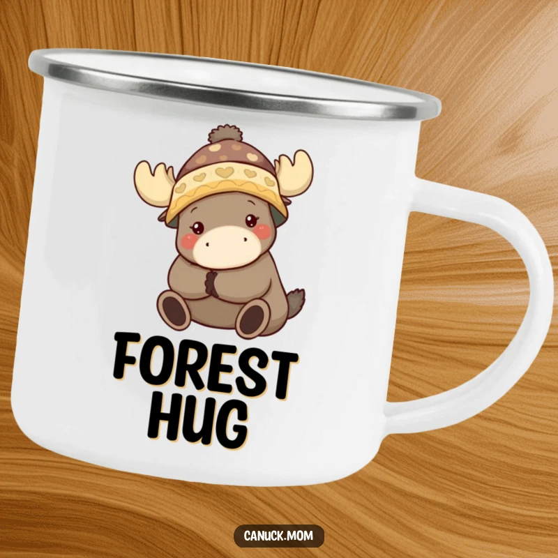 Funny camping mug showing an animal character in a toque hugging a moose, perfect for warm drinks.