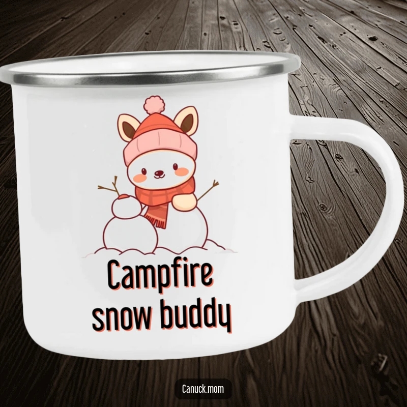 Funny animal in a winter hat building a snowman, a humorous and rugged camping mug.