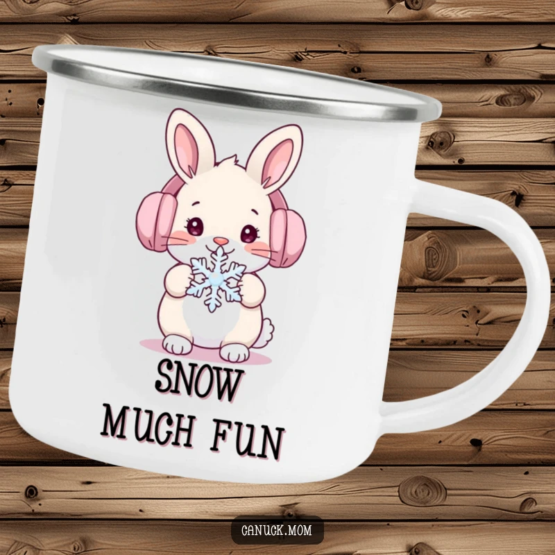 Funny snow bunny rabbit in ear muffs holding a snowflake, durable camping mug for outdoor fun.
