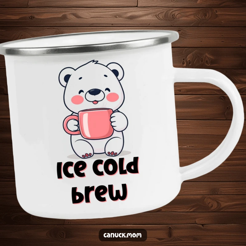 Happy Polar Bear Camping Mug, holding a steaming mug, ready for cozy outdoor adventures.