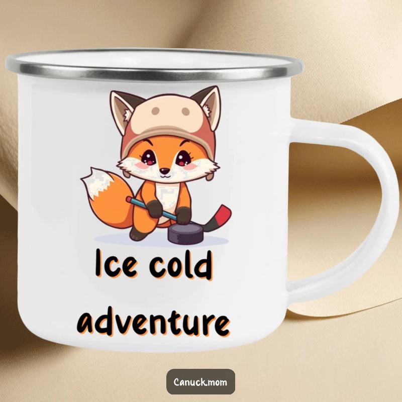 Funny fox wearing a trapper hat, playing hockey with a puck on a camping mug, bringing sporty fun to outdoor settings.