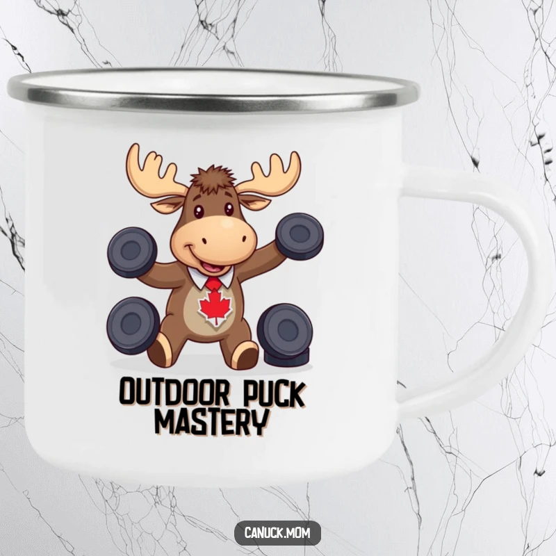 Funny moose wearing a maple leaf tie, juggling hockey pucks, perfect for outdoor drinks and Canadian pride.