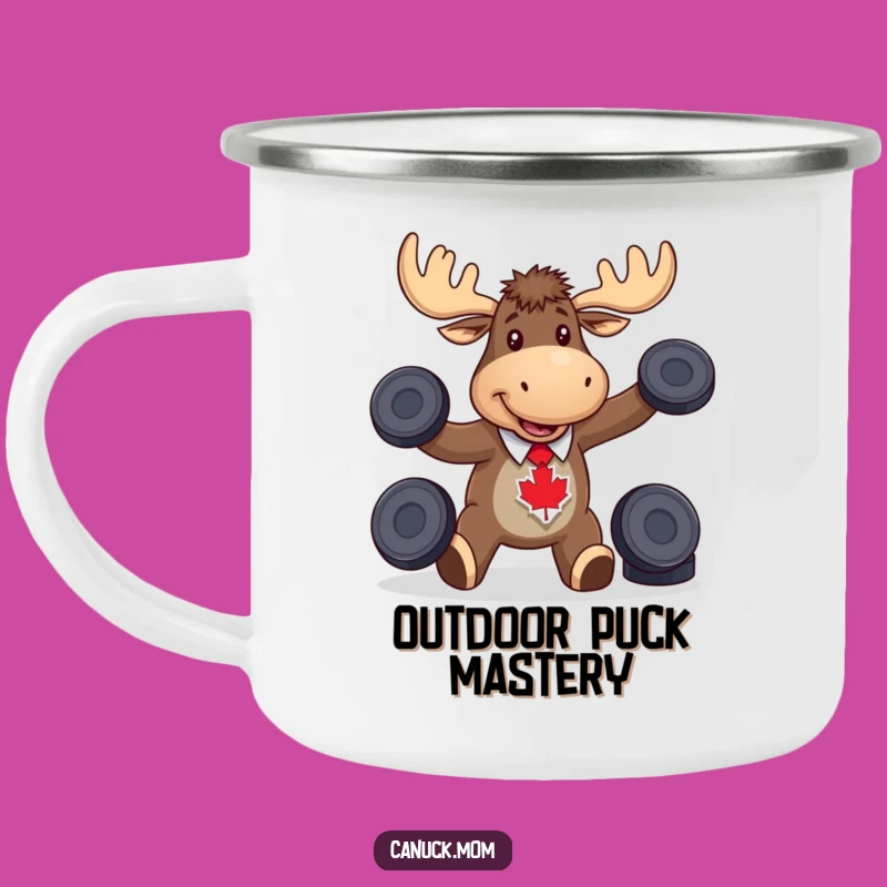 Funny Moose Hockey Enamel Mug, Juggling Pucks, Perfect Outdoor Gift