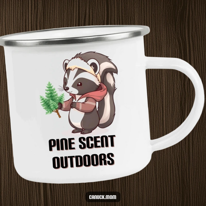 Funny Skunk Parka Camping Mug, a sturdy mug with a cartoon skunk in a winter coat, offering pine trees, for outdoor enjoyment.