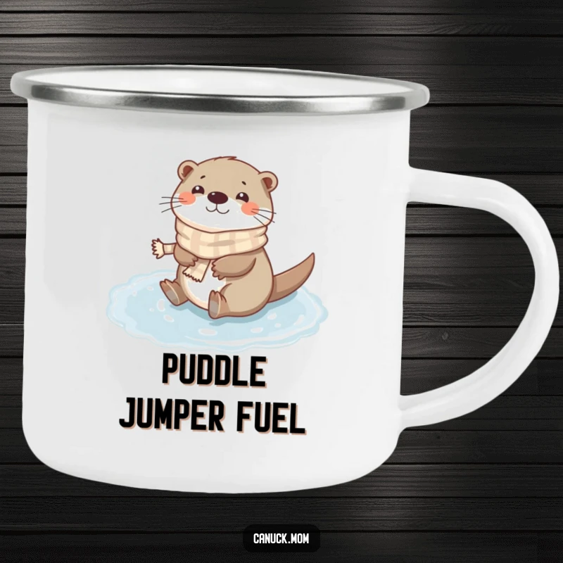 Funny Otter Scarf Camping Mug: A happy otter wearing a tiny scarf slides on a frozen puddle, ideal for outdoor use.