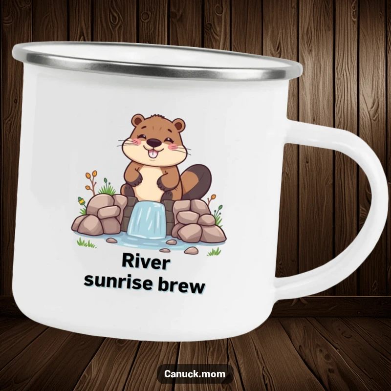 Funny Beaver Camping Mug, determinedly building a tiny, uneven dam, ready for humorous outdoor adventures.