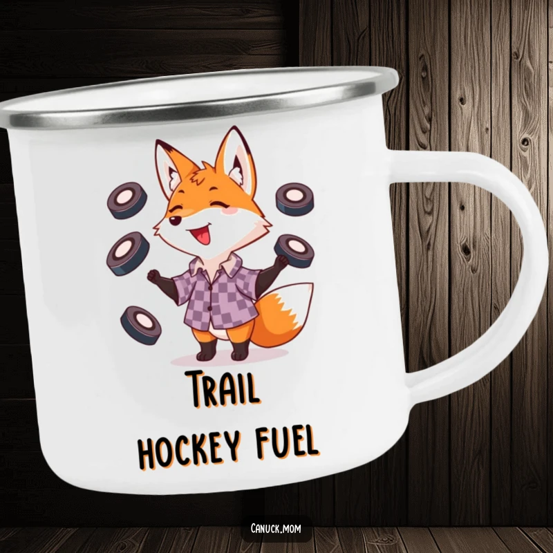 Funny fox in a checkered shirt juggling hockey pucks, a durable and humorous camping mug for outdoor fun.