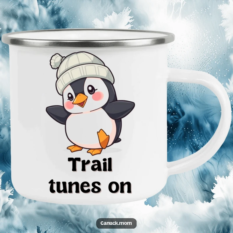 Funny Puffin Hat Camping Mug: A cheerful puffin taps its foot, ready for outdoor adventures with warm drinks and a dose of funny charm.