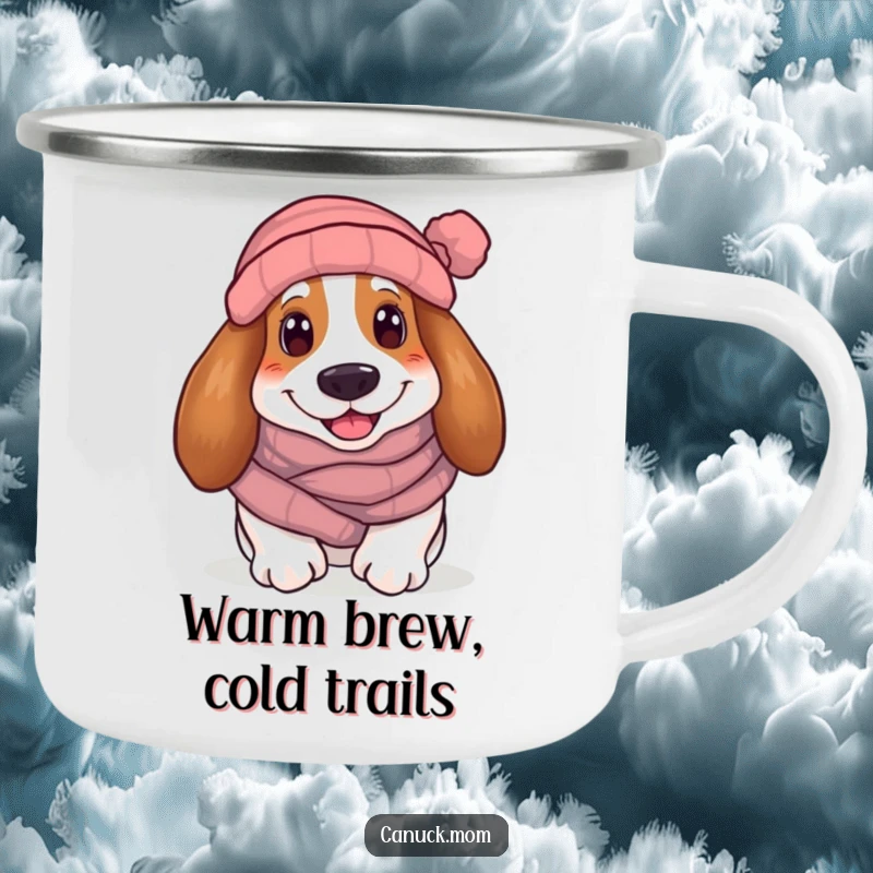 Funny Basset Hound Camping Mug: A smiling hound in a scarf and toque, perfect for cozy sips under the winter sky.