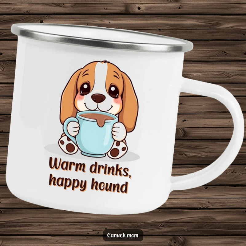 Durable camping mug featuring a funny Basset Hound happily sipping hot chocolate, designed for cozy outdoor moments.