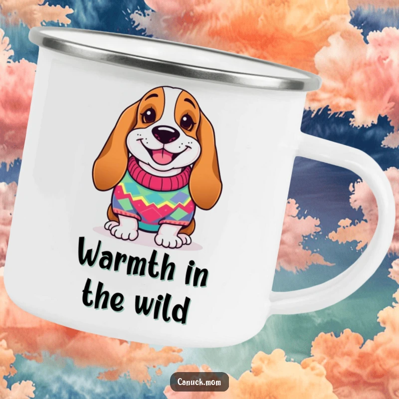 Funny Basset Hound Camping Mug: A smiling dog in a cozy knitted sweater, ready for adventure.