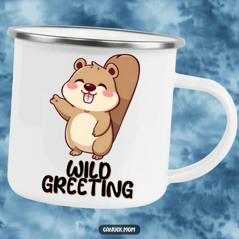 Funny camping mug showing an animal character with a beaver tail, enthusiastically waving hello.