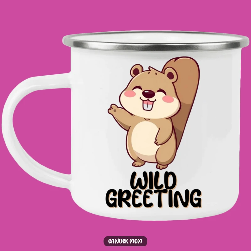 Funny Beaver Tail Character Camping Mug: Friendly Waves Outdoors