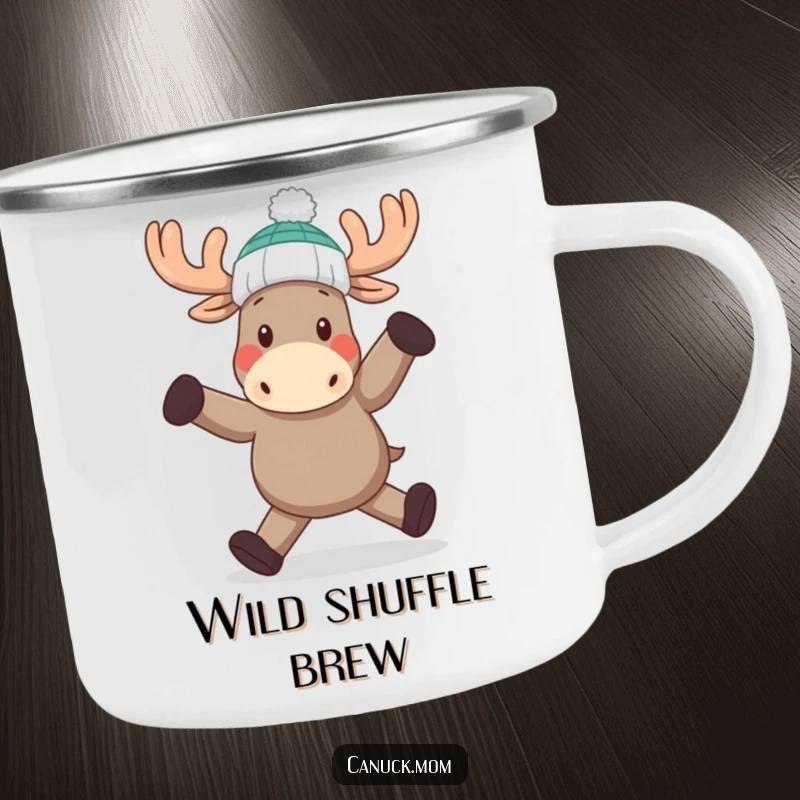 Funny Moose Dance Camping Mug: A resilient moose in a toque, dancing spiritedly in a wilderness setting.