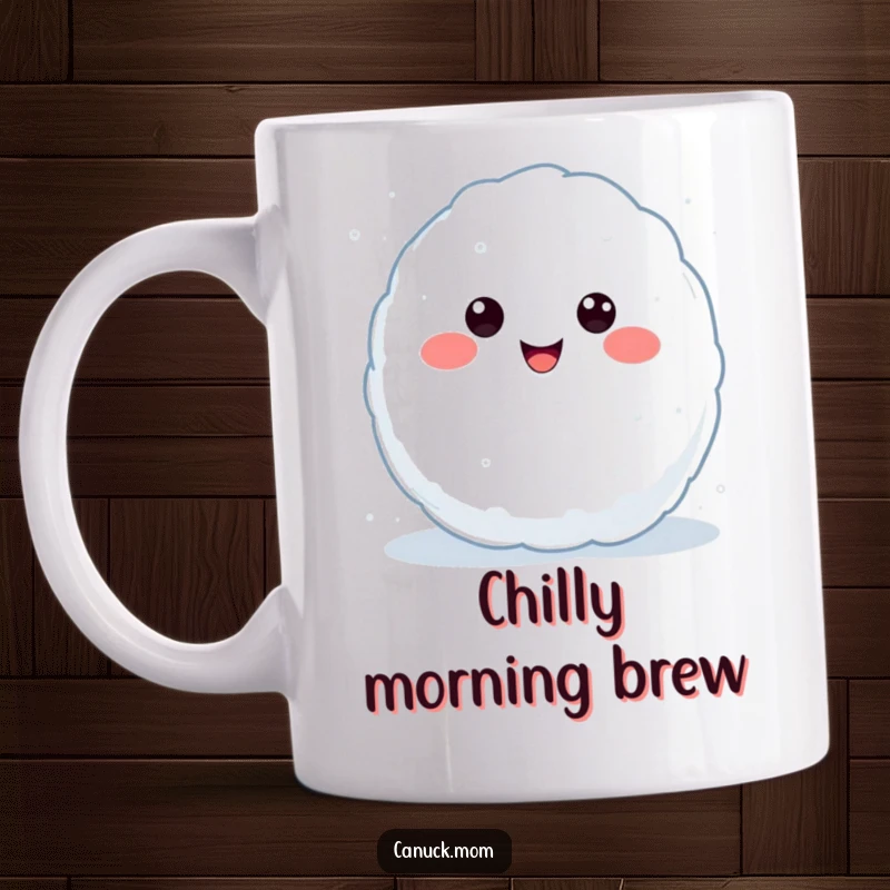Funny Kawaii Snowball Mug featuring a cute, smiling snowball character in the act of throwing, perfect for winter enthusiasts and a funny gift.