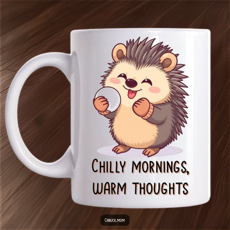 Funny mug showing a happy porcupine in mittens playfully holding a snowball, ready for winter fun.