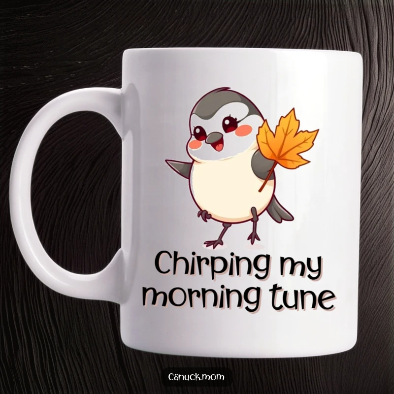 Funny chickadee with a maple leaf, joyfully tapping its foot, perfect for autumn lovers on a mug.