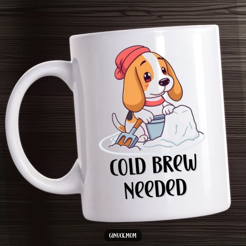 Funny Basset Hound Mug: A dog with pail and shovel builds a snow fort, capturing winter fun.