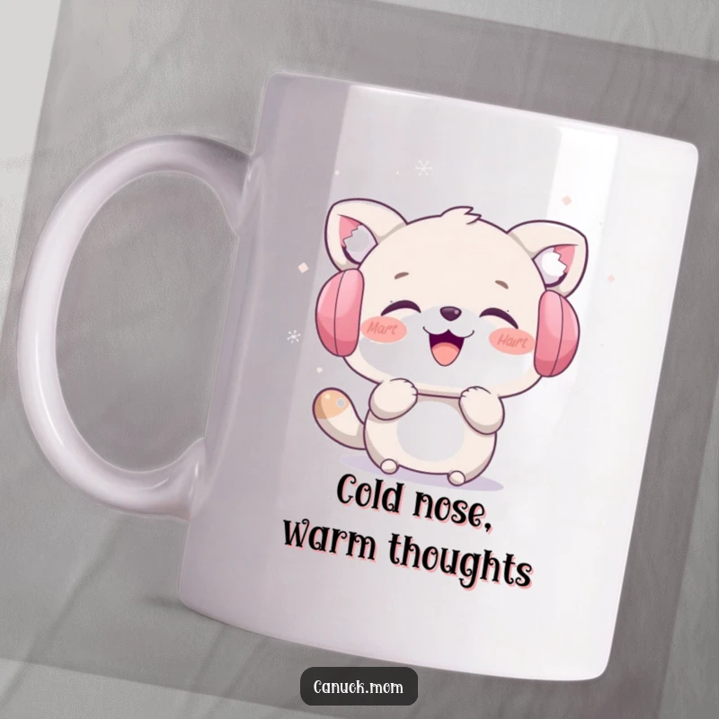 Funny winter animal mug, character wearing earmuffs, laughing while catching snowflakes, bringing winter cheer. Perfect snowy gift.