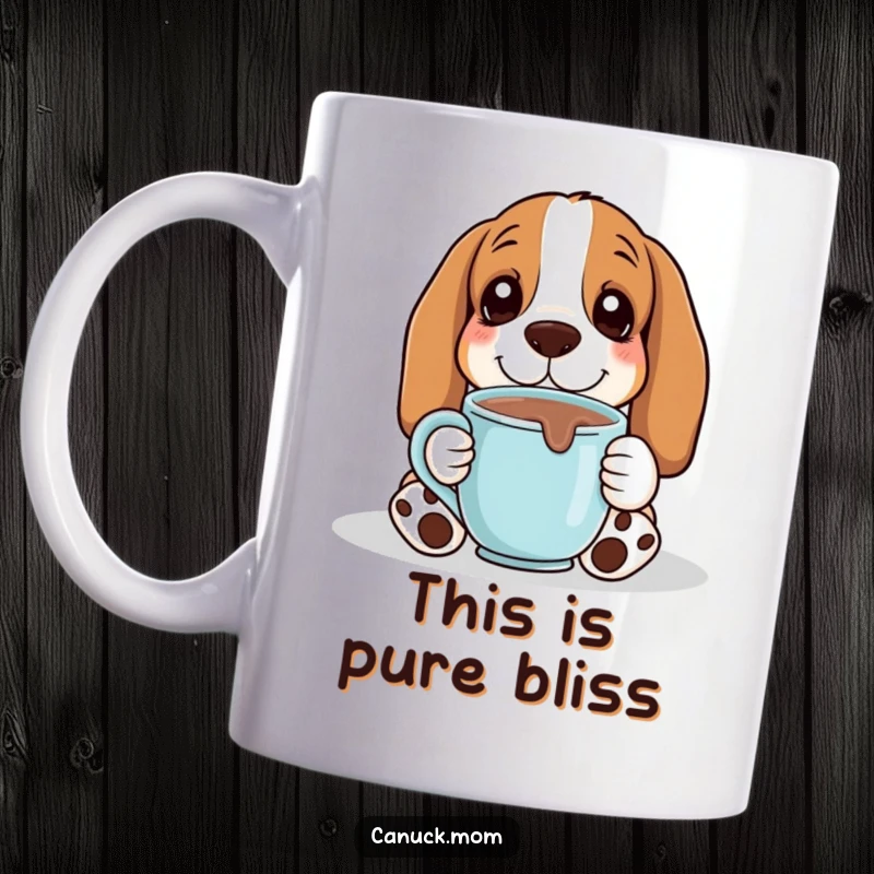 Funny Basset Hound enjoying hot chocolate in a mug, looking incredibly cozy and content on this coffee mug.