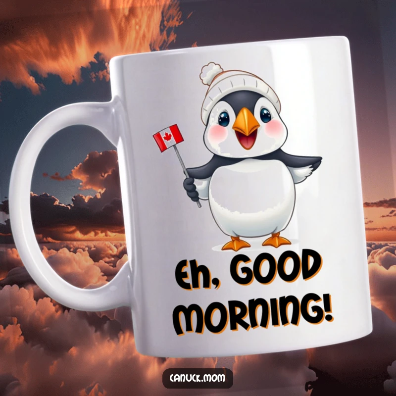Funny Puffin Canada Mug: A joyful puffin wears a tiny toque and holds a mini Canadian flag, celebrating national pride.