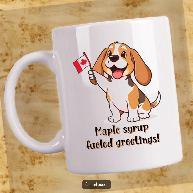 Funny Basset Hound mug joyfully waving a small Canadian flag, embodying spirited patriotism and a happy, friendly demeanor. A delightful treat for any occasion.