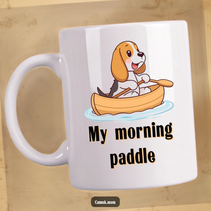 Funny Basset Hound Canoe Mug: A Basset Hound sits happily in a tiny canoe, ready for a delightful adventure on the water.