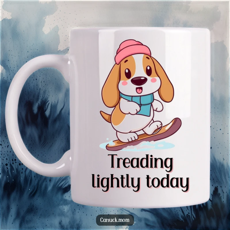 Funny Basset Hound wearing a snowshoe, taking exaggeratedly careful steps on this humorous coffee mug.