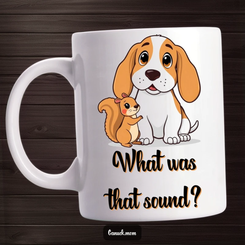 Funny Basset Hound Mug: Surprised hound stares wide-eyed at a friendly squirrel, full of comedic disbelief and humor.