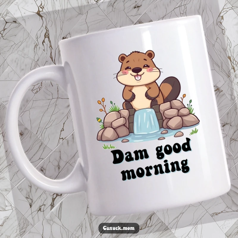 Funny Beaver Mug, cheerfully building a tiny, wonky dam, showcasing humorous DIY struggles and determination.