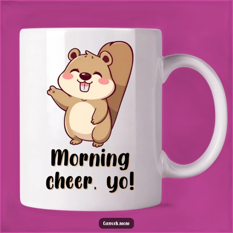 Funny Beaver Tail Character Mug: Enthusiastic Greetings for a Fun Gift
