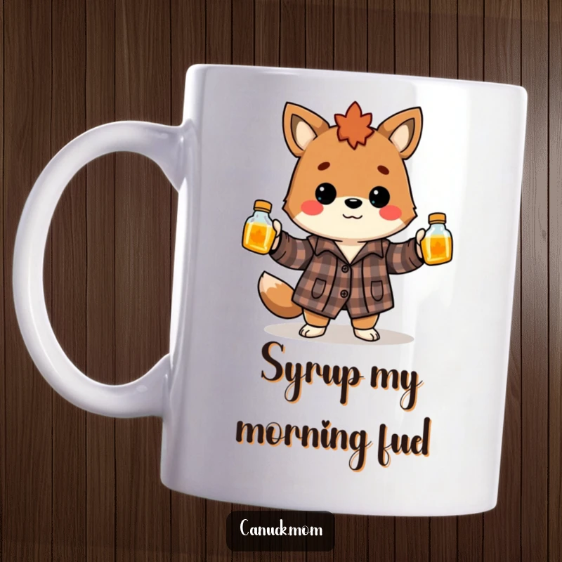 Funny Canadian animal in flannel shirt hilariously juggling maple syrup bottles, showcasing Canadian pride and humor on a coffee mug.