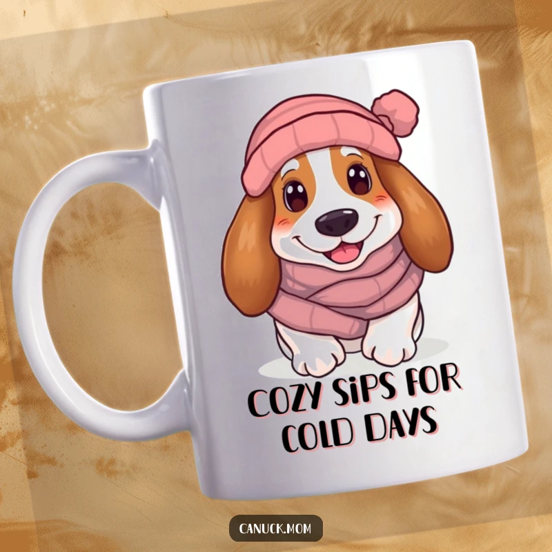 Funny Basset Hound Mug: A smiling hound bundled in a scarf and toque, looking cozy and delightful in winter.