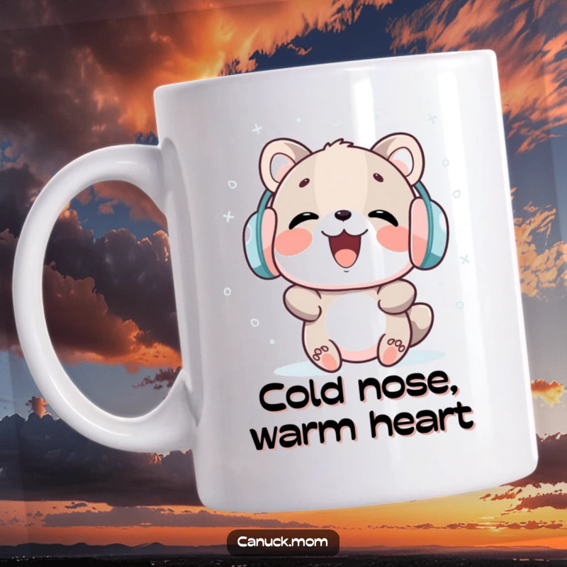 Funny earmuff animal mug, gleefully catching snowflakes with a huge smile, embodying winter's joyful spirit.