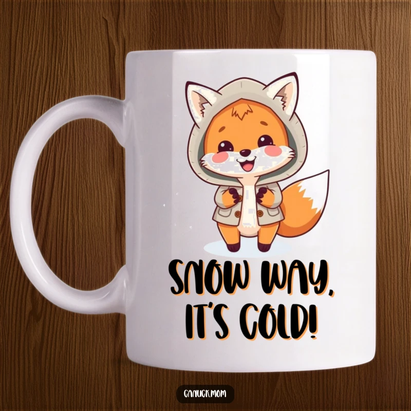 Funny Fox Mug: A smiling fox in a warm parka joyfully plays, chasing snowflakes with a cheerful, playful demeanor.