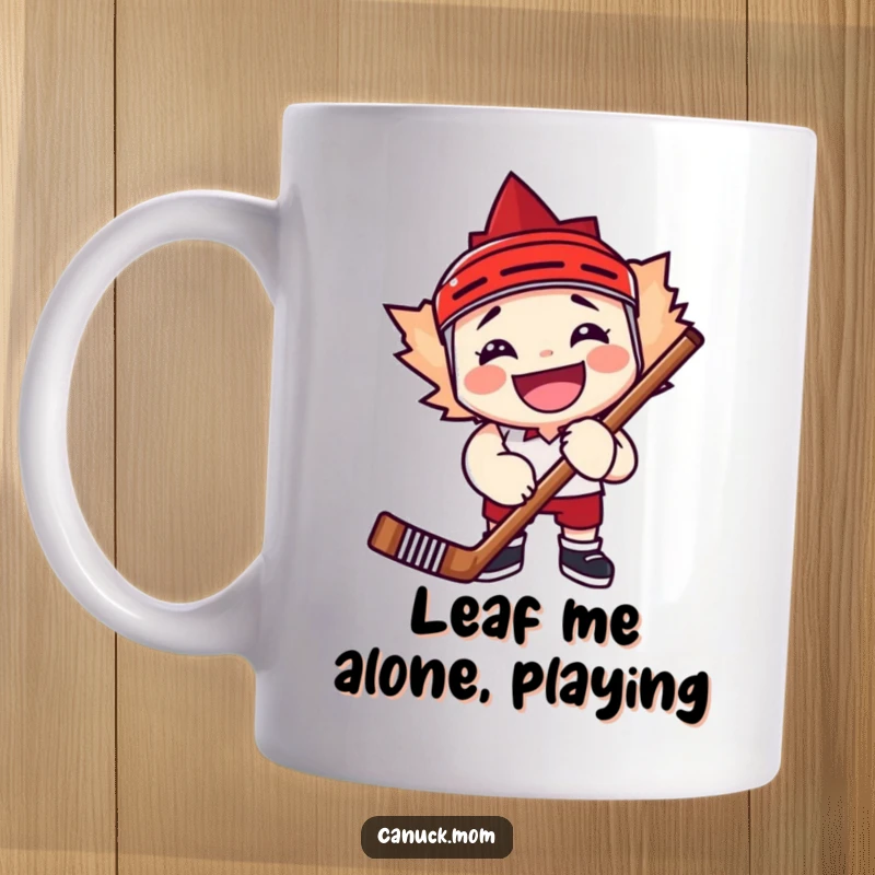 Funny maple leaf character grinning widely, embracing a hockey stick, ready for the ice.