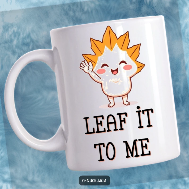 Funny Maple Leaf Wave Mug: A smiling maple leaf character enthusiastically waving hello, radiating happiness and warmth.