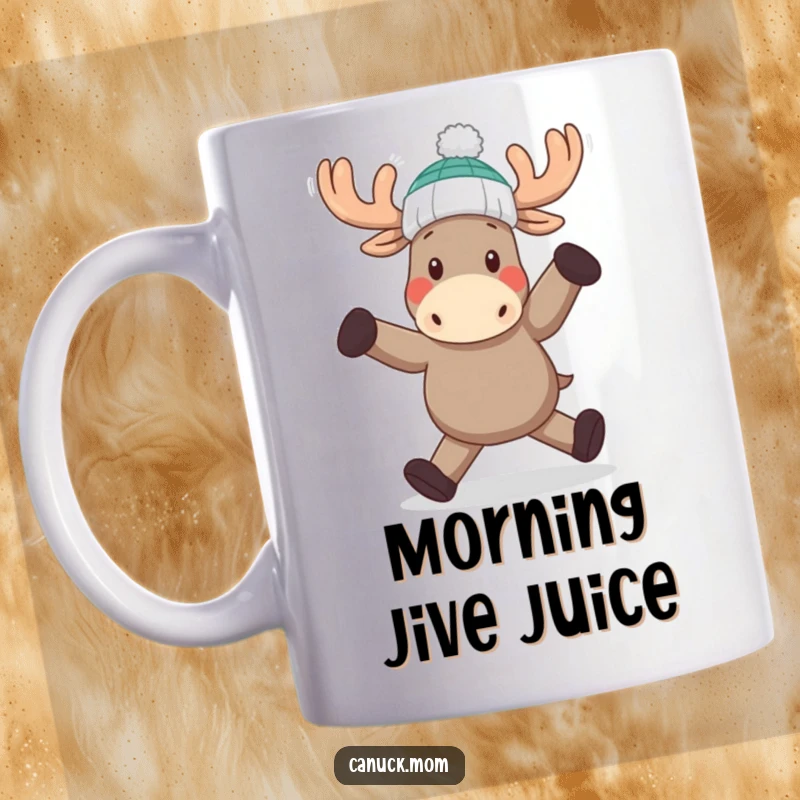 Funny Moose Dance Mug: A playful moose in a toque twirling happily, ready for a laugh, perfect for gifting.