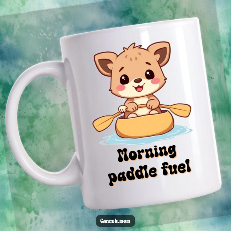 Funny animal mug, happily paddling a canoe with a big grin, embodying the joy of adventure.