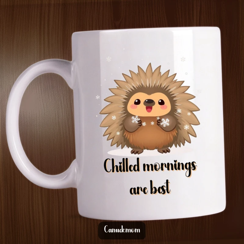 Funny proud porcupine displaying tiny snowflakes on a mug, celebrating winter's beauty.