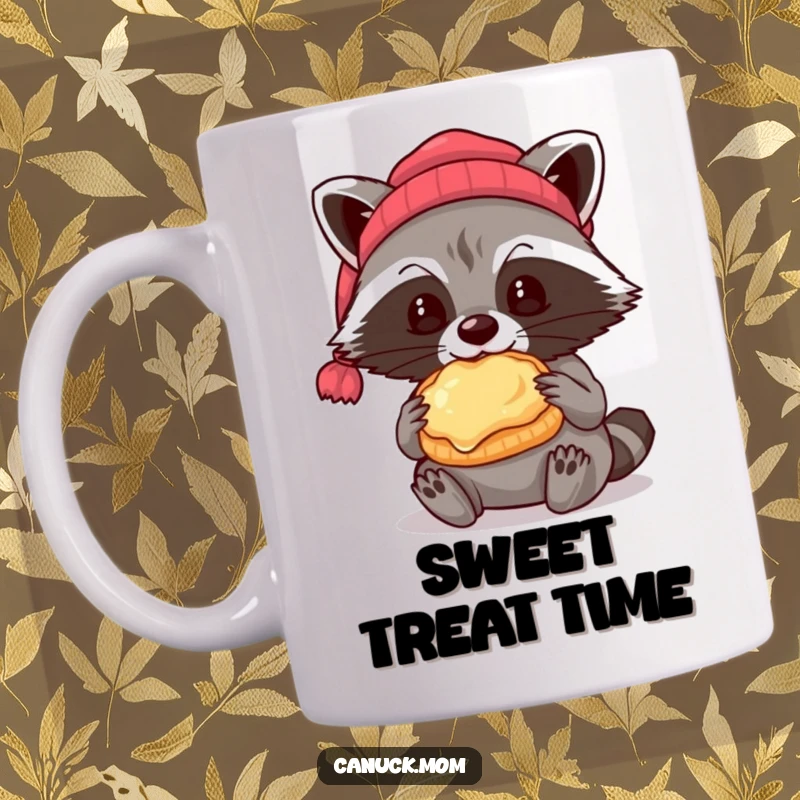 Funny raccoon wearing a beanie eating a butter tart, cute and humorous mug design.