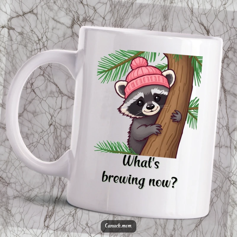 Funny Raccoon Hat Mug: A curious raccoon wearing a tiny knitted hat peeks from behind a pine tree, full of mischief.