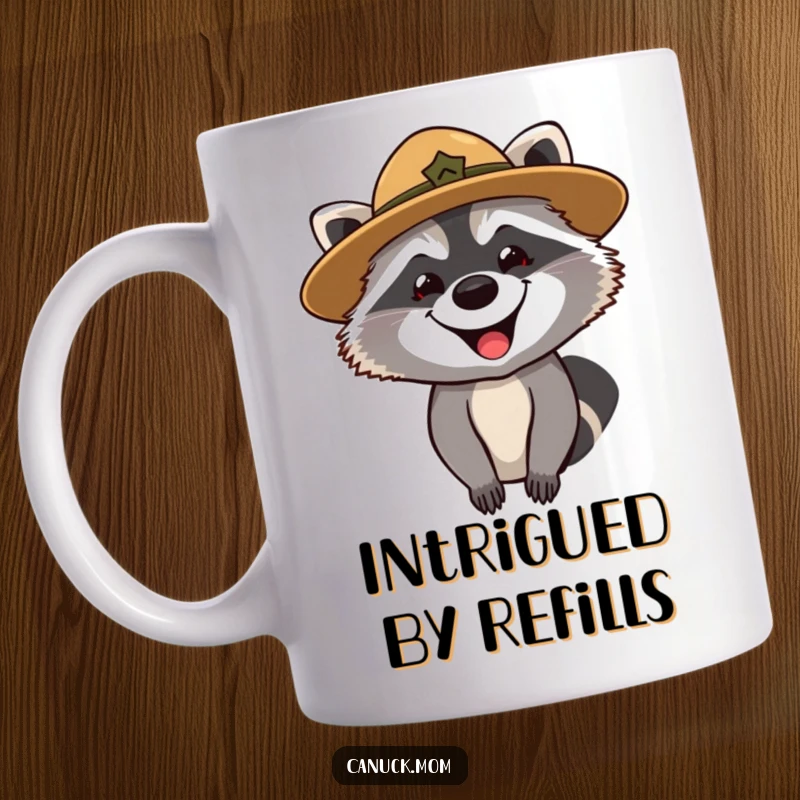 Funny mug depicting a grinning raccoon in a park ranger hat, looking curiously into the distance.