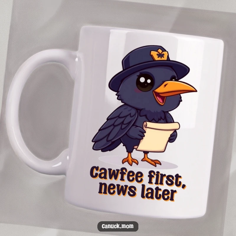 Funny Raven Mountie Mug: A chatty raven sporting a Mountie hat holds a small scroll, ready to deliver humorous news.