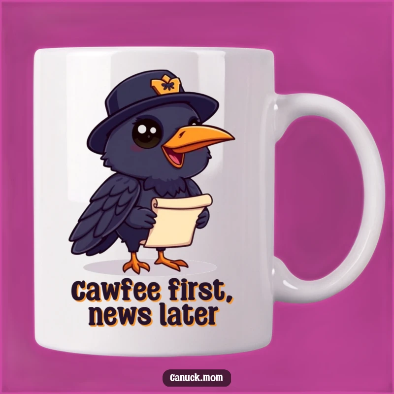 Funny Raven Mountie Mug: Chatty Bird, Scroll - Hilarious Canadian Gift!