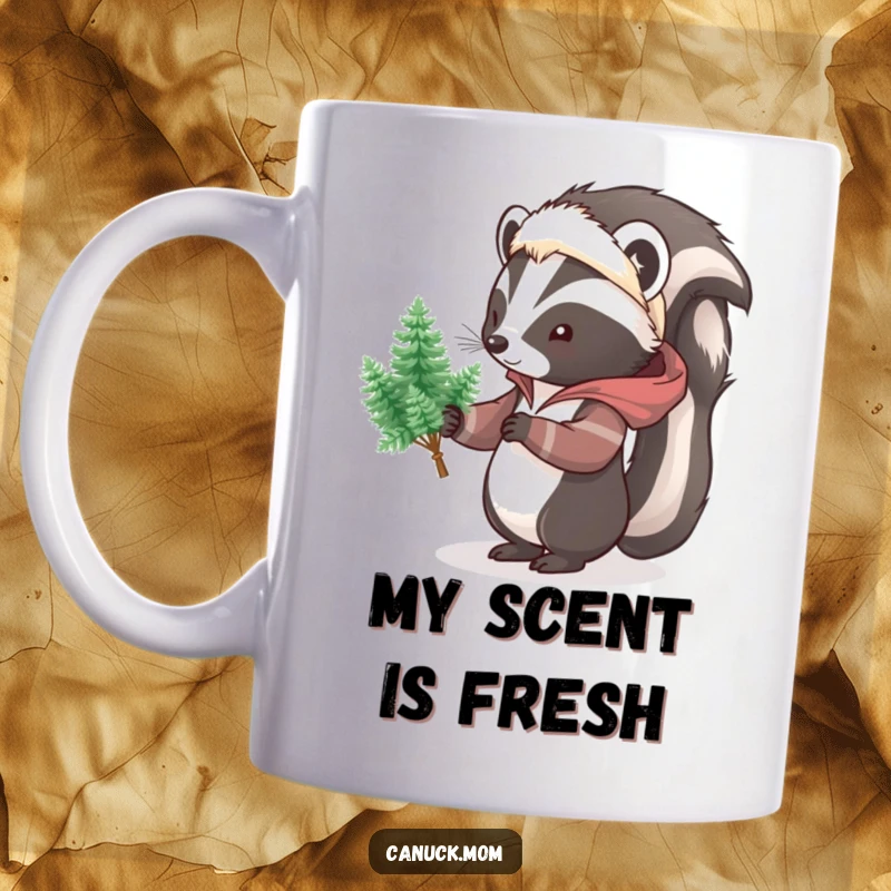 Funny Skunk Pine Tree Mug, a cartoon skunk in a parka, politely offering a bouquet of miniature pine trees, a humorous nature-themed mug.