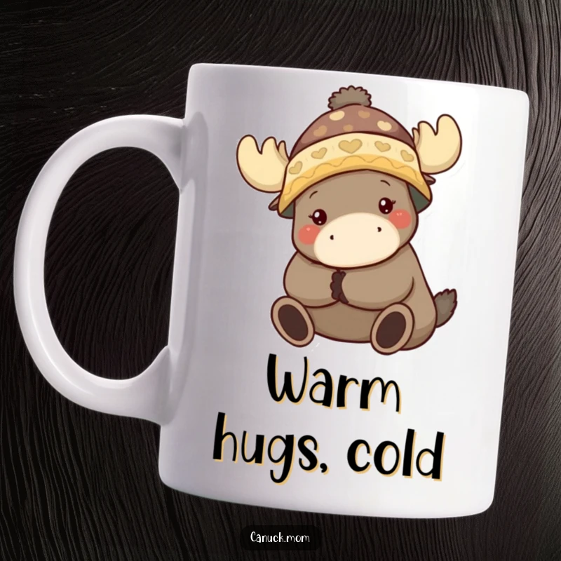 Funny mug of an animal character wearing a toque, hugging a moose in a warm embrace.
